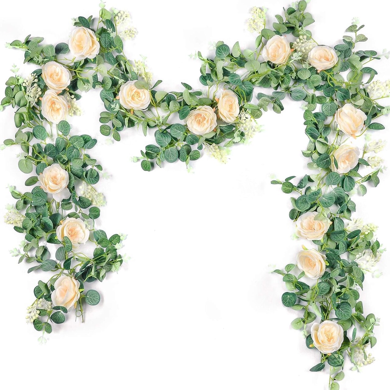 2PCS Artificial Eucalyptus Flower Garland – Champagne Rose Vine with Seeded Eucalyptus Leaves, Greenery Garland for Wedding Table, Backdrop, Party & Room Decor (Total 13FT)